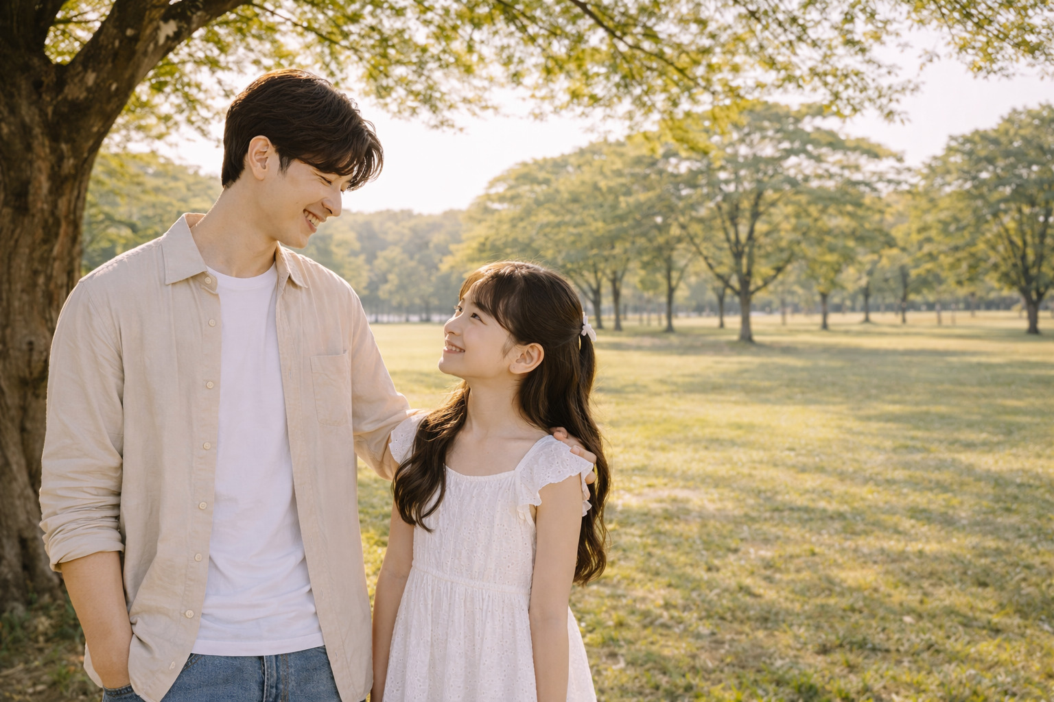 넓은 공원에서 나무 아래에 서서 아빠와 9살 여자아이가 서로 눈을 마주치며 따뜻하게 웃고 있는 모습