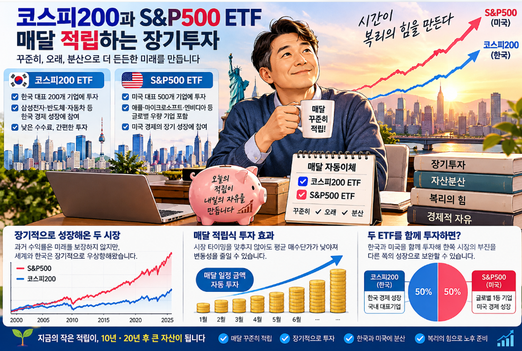 코스피200과 S&P500 ETF를 매달 적립하는 장기투자 설명 장면