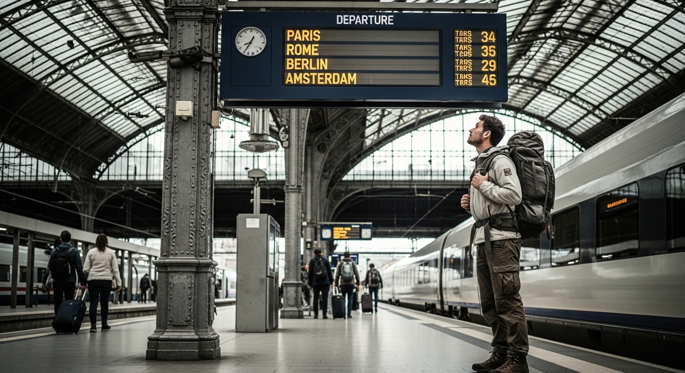 기차역에 있는 배낭여행객