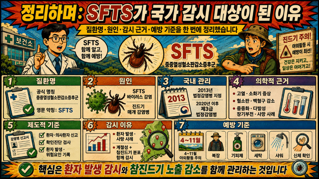 SFTS가 국가 감시 대상이 된 이유를 질환명, 원인, 국내 관리, 의학적 근거, 제도적 기준, 감시 이유, 예방 기준으로 정리한 옛날 만화 형식 인포그래픽