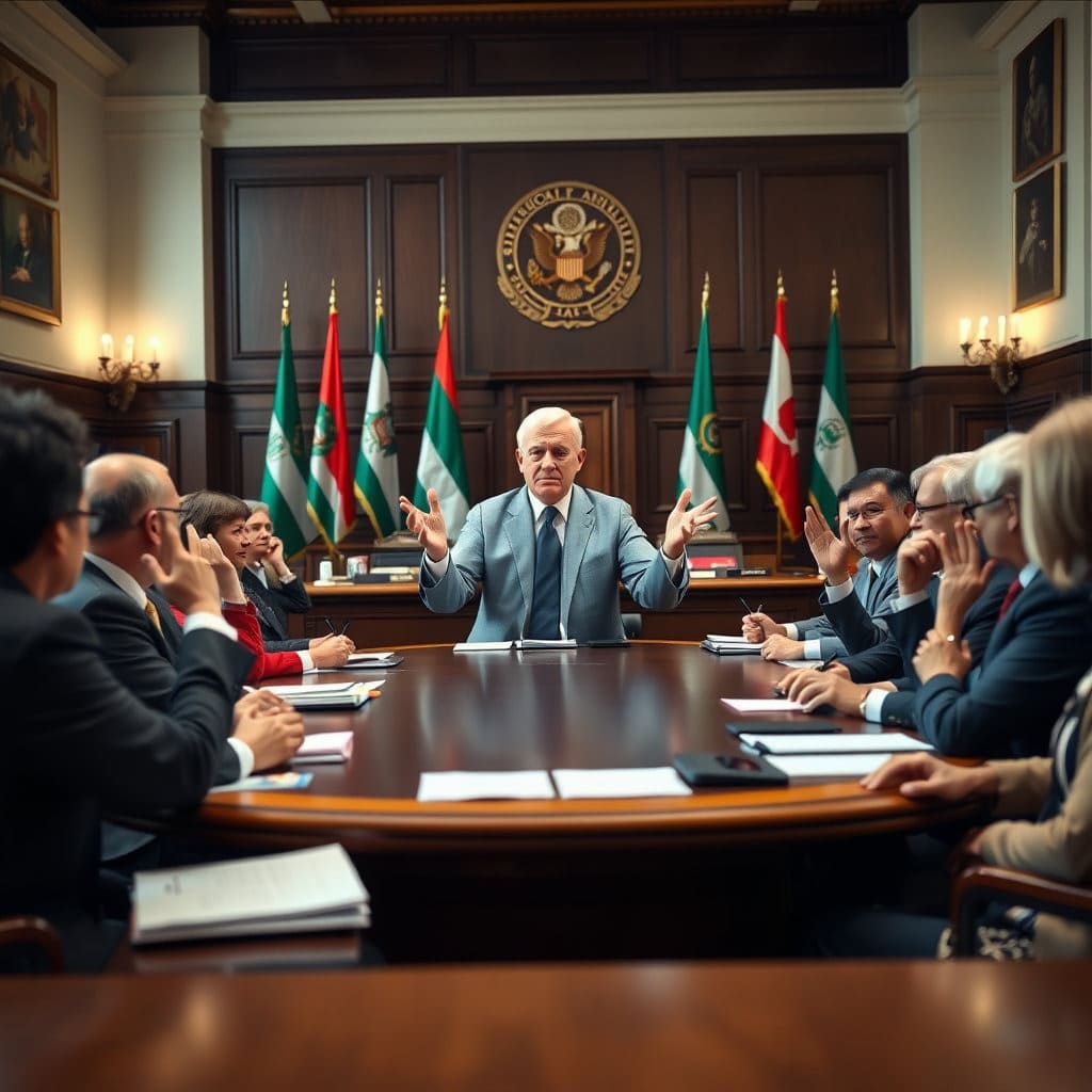 원내대표가 주재하는 회의 장면을 클로즈업하여, 원내대표가 국회 내에서 소속 의원들을 이끌고 의견을 조율하는 역할을 강조합니다.