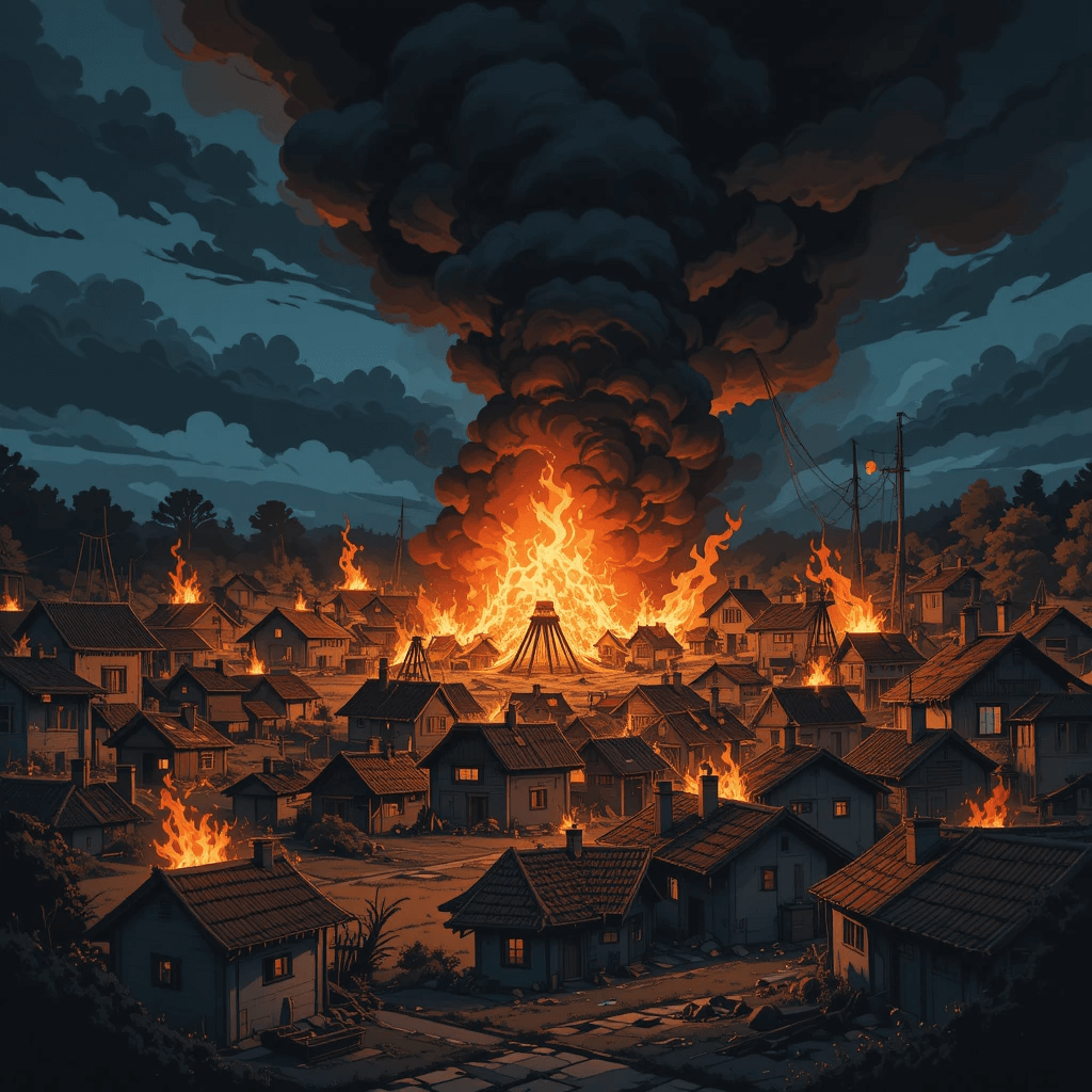 불(화재)이 나오는 흉몽 중 화재가 마을을 태우는 꿈의 이미지입니다.