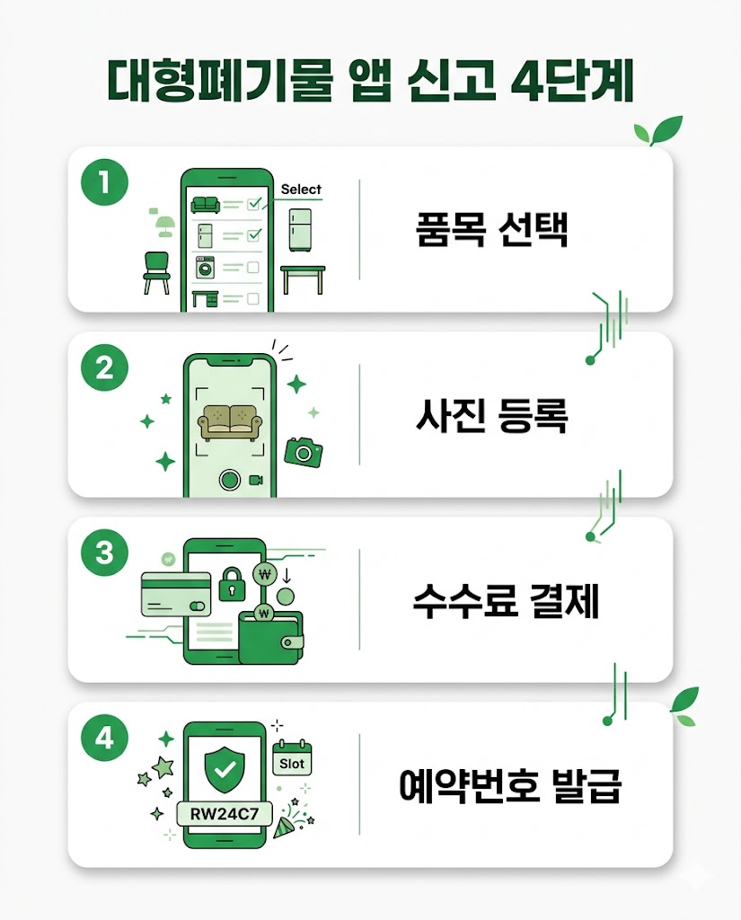 대형폐기물 신고 앱 4단계 품목선택 사진등록 결제 예약번호 인포그래픽