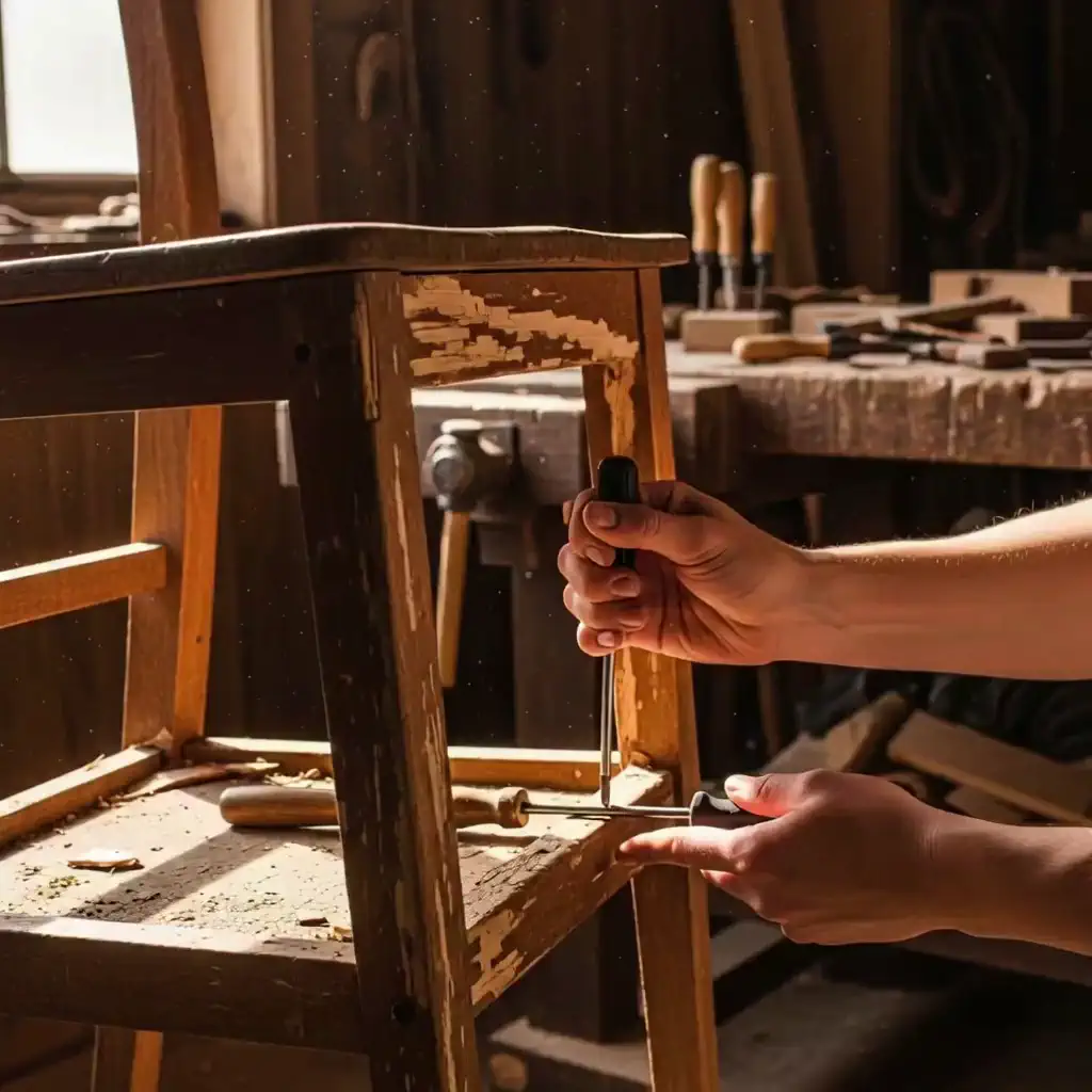 낡은 목재 의자 상태 점검