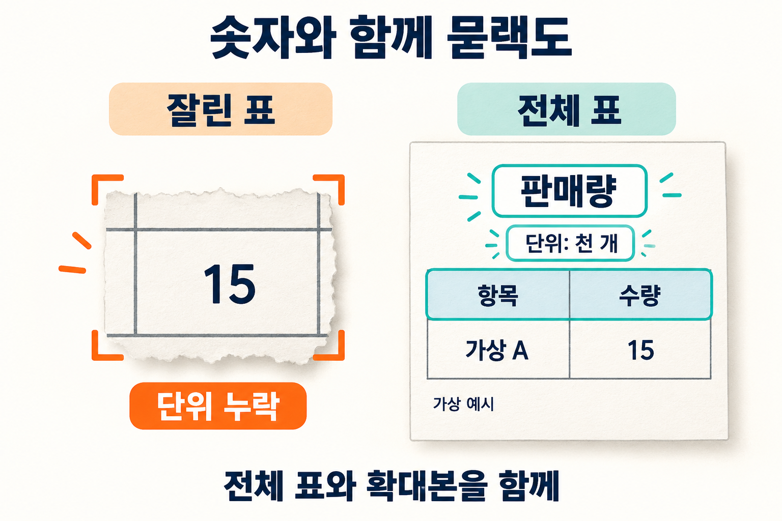 숫자 15만 보이는 잘린 표와 판매량 제목, 천 개 단위, 항목·수량 열 이름이 함께 보이는 전체 가상 표를 비교한 그림.