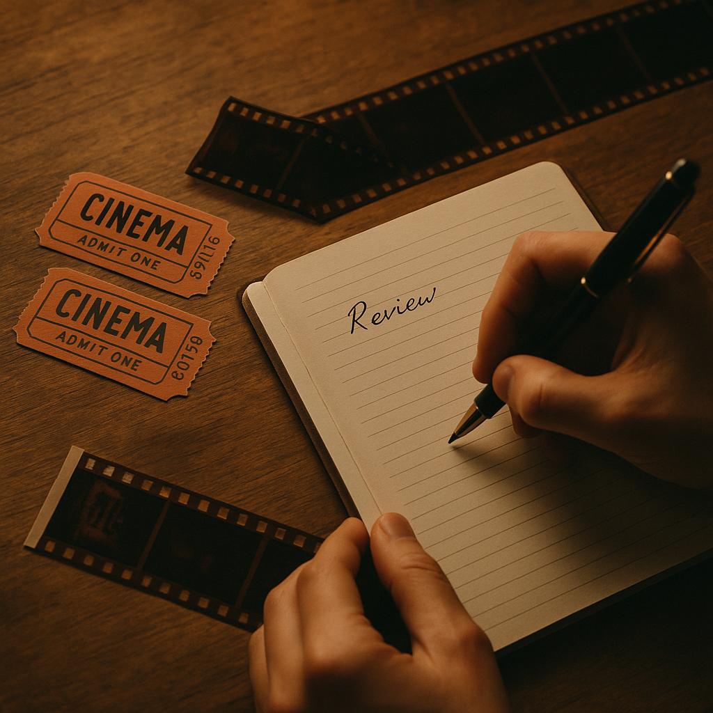영화 필름과 노트북이 놓여져 있으며, 노트에는 Review라는 문구가 작성되어 있다.