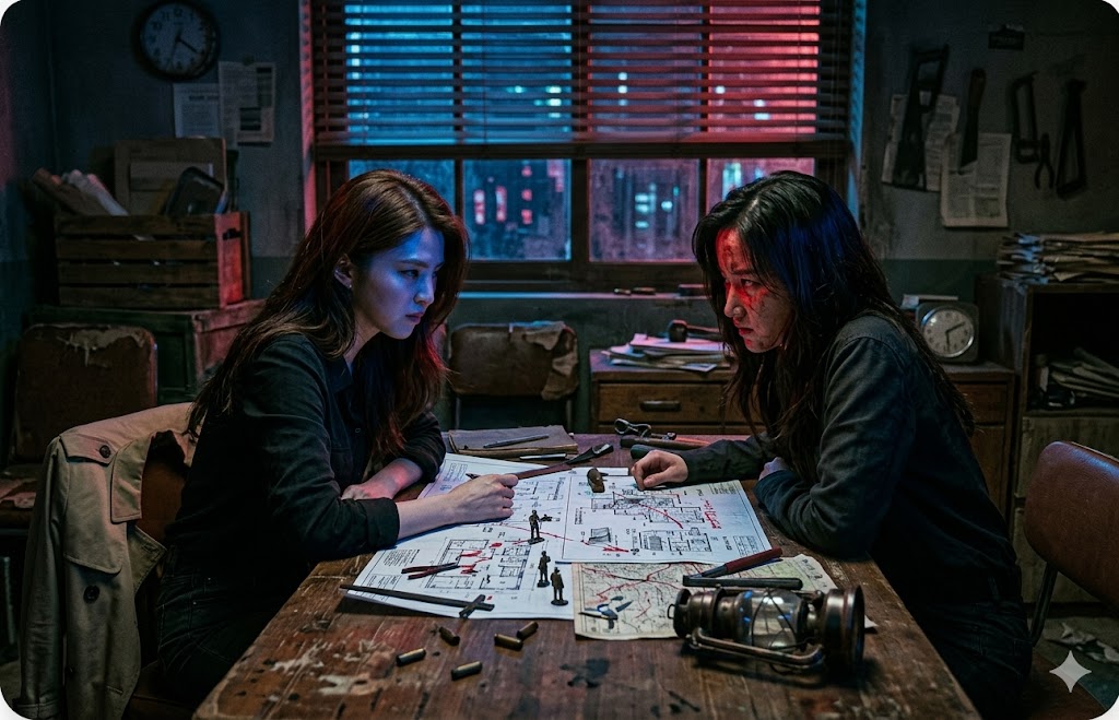 넷플릭스 영화 프로젝트Y에서 어두운 방 안 금괴 탈취를 모의하며 서로를 긴장된 눈빛으로 바라보는 미선과 도경의 모습