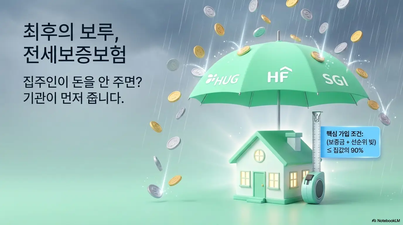 전세 계약시 유의 사항: 최후의 보루인 전세보증보험을 설명하는 이미지로 집주인이 돈을 안 주면 HUG와 HF와 SGI 기관이 먼저 보증금을 돌려주며 핵심 가입 조건은 보증금과 선순위 빚의 합이 집값의 90퍼센트 이하여야 한다는 내용이 포함된 이미지