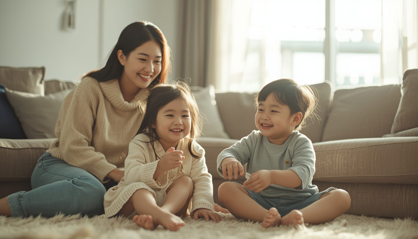 2026년 다자녀 혜택을 받는 행복한 한국인 2자녀 가족 실사 사진