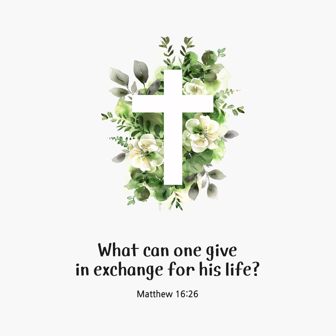 What can one give in exchange for his life? (Matthew 16:26) by pieonane Daily Bible quote image