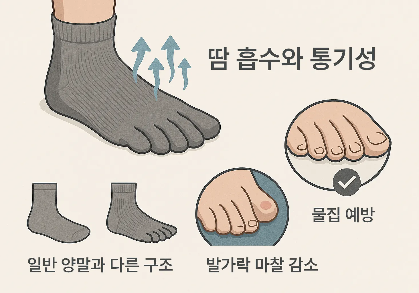 발가락이 개별적으로 분리된 양말 착용 모습, 발가락 사이 땀 흡수와 통기성 강조, 일반 양말과 발가락 양말 구조 비교 인포그래픽, 발가락 마찰 감소와 물집 예방을 상징