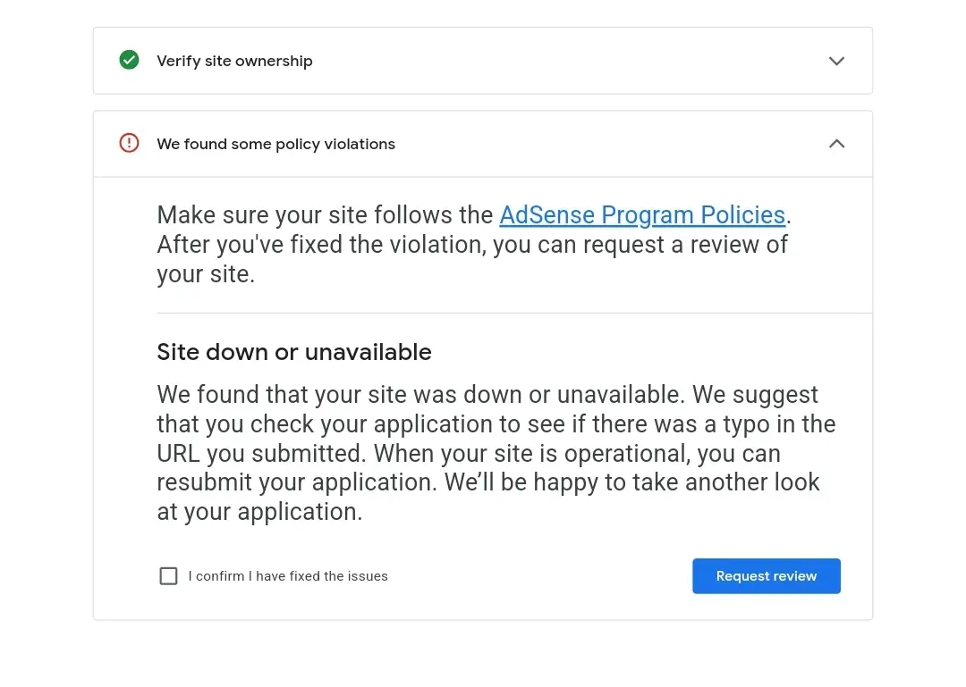 애드센스 거절 이유- 사이트 다운