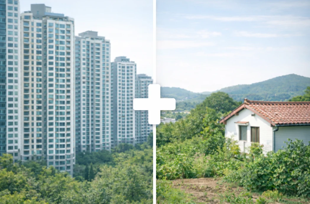 서울 고급 아파트와 시골 단독주택을 더한 다주택자 구조 이미지, 양도세 중과로 주택 수 합산되는 상황 표현