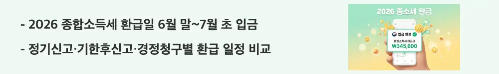 종합소득세 환급일: "2026 종합소득세 환급일 6월 말~7월 초 입금 / 정기신고·기한후신고·경정청구별 환급 일정 비교"라는 문구가 포함된 웹배너 이미지. 이 이미지는 신고 유형별 종합소득세 환급금 입금 예상 시기를 시각적으로 전달하며, 블로그의 2026 종합소득세 환급일 총정리와 관련된 내용을 설명함
