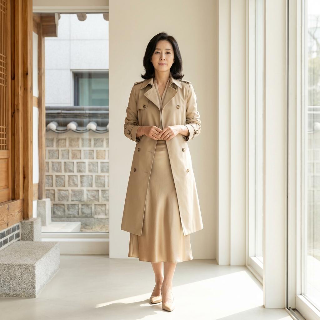 3월 결혼식 하객룩, 뻔하지 않은 트렌치코트와 샤틴 스커트 조합