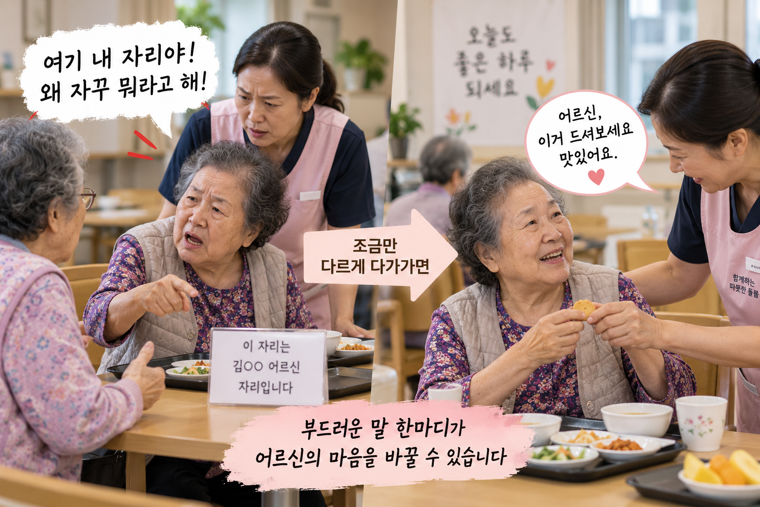 다른 어르신과 자리 문제로 화를 내던 치매 어르신에게 요양보호사가 부드럽게 다가가 안정을 돕는 모습