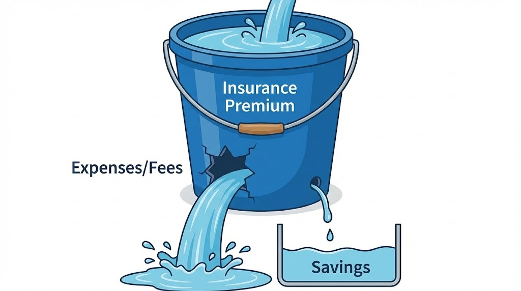 보험료에서 사업비가 많이 빠져나가는 구조를 직관적으로 표현한 인포그래픽 Alt: 종신보험 사업비 구조 인포그래픽