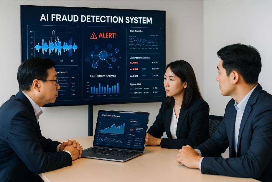 전문가들이 ‘AI 사기 탐지 시스템’ 화면을 검토하는 모습