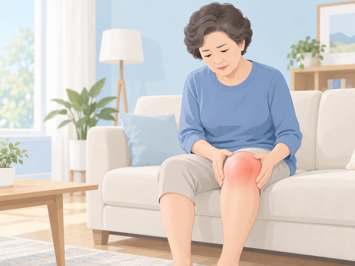 소파에 앉아 둥글게 부은 한쪽 무릎을 내려다보는 중년 여성