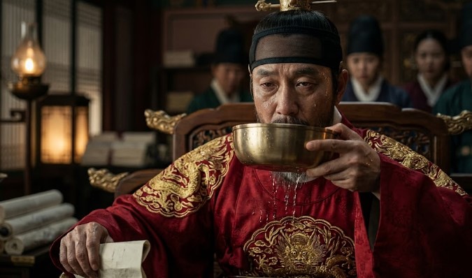극심한 소갈증(당뇨)으로 인해 타는 듯한 갈증을 느끼며 물을 들이켜는 세종의 고통스러운 순간을 강렬하게 표현합니다.