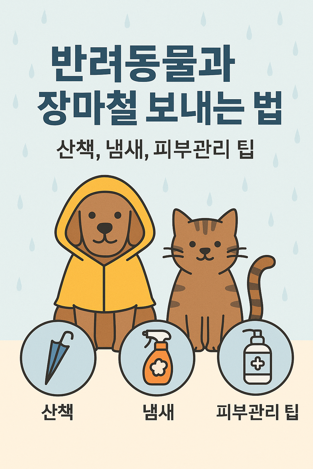 “비 오는 날 노란 우비를 입은 강아지와 고양이가 나란히 앉아 있으며, 위에는 ‘반려동물과 장마철 보내는 법’, 아래에는 ‘산책, 냄새, 피부관리 팁’이라는 문구가 적혀 있다. 하단에는 각각 산책용 우산, 탈취 스프레이, 스킨케어 로션 아이콘이 함께 배치된 일러스트형 인포그래픽 이미지.”