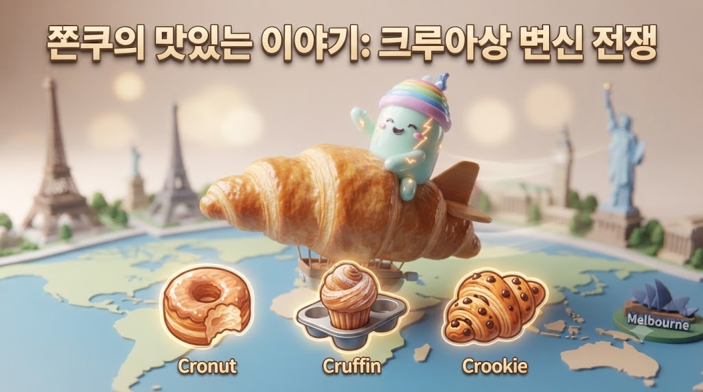 입체적인 3D 쫀쿠가 거대한 크루아상 모양의 열기구를 타고 하늘을 날고 있습니다. 쫀쿠의 앞뒤로는 뉴욕의 '크로넛', 파리의 '크루키', 호주의 '크러핀'이 귀여운 아이콘으로 빛나고 있으며, 배경에는 'SNS 변형 전쟁'이라는 글씨가 입체적으로 떠 있습니다.