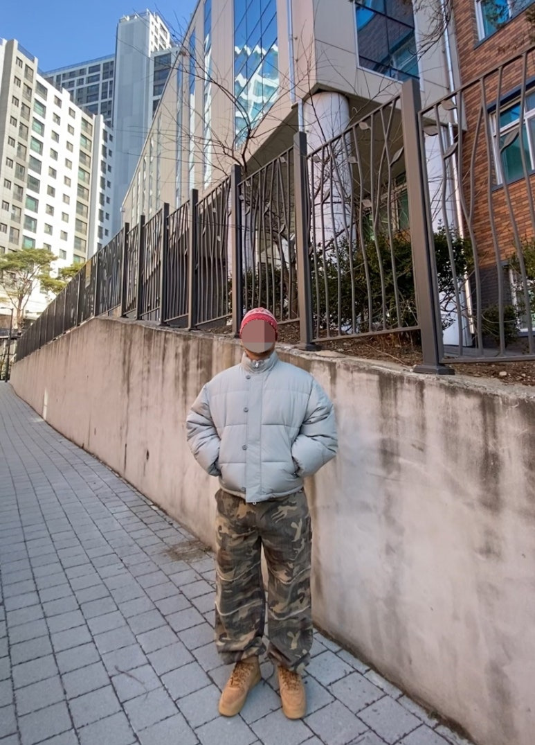 데일리룩('26. 3. 7.)오가프 노르딕패턴 빈티지 울 니트 비니, 세컨모놀로그 더블어드저스트버튼 숏 패딩 점퍼, 테이크이지 카모 카모플라쥬 팬츠, 나이키 에어포스 미드 된장 1