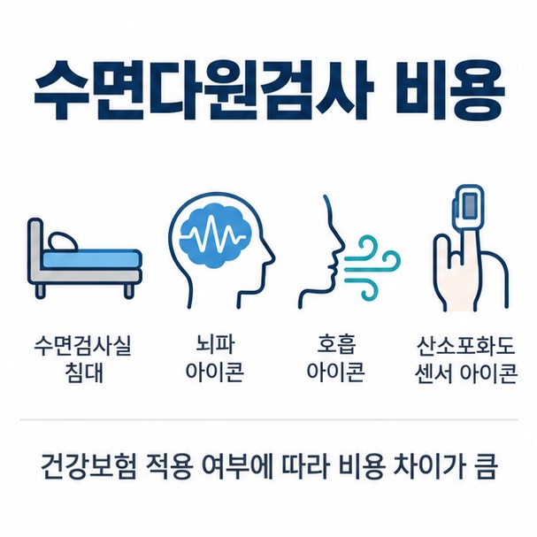 수면검사실 침대와 뇌파 호흡 산소포화도 센서 아이콘을 배경으로 수면다원검사 비용이라는 글자가 중앙에 놓인 의료비 인포그래픽