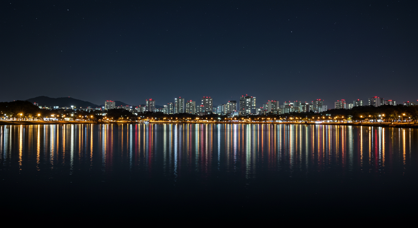 고성 청초호에 비친 도시 불빛과 호수공원의 야경