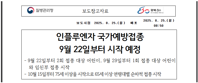 2025 독감주사 꼭 확인하세요! 무료대상·시기 (출처 : 질병관리청)