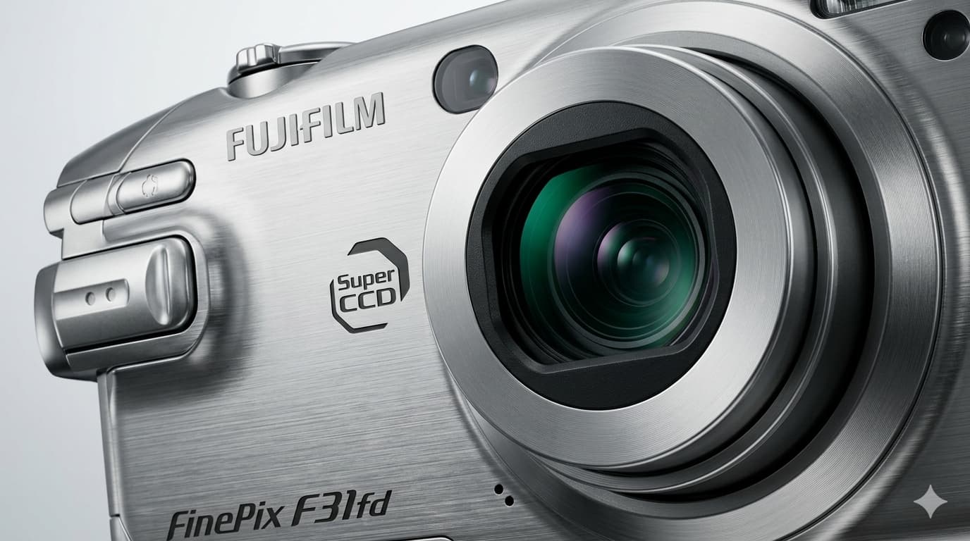 후지필름 파인픽스 F31fd 카메라의 렌즈와 슈퍼 CCD 로고를 강조한 근접 접사 촬영물. 렌즈 표면의 푸른 코팅과 알루미늄 바디의 미세한 질감이 드러나는 스튜디오 컨셉 사진.