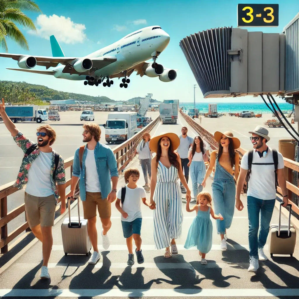 비행기 탑승을 준비하는 가족, 친구들, 커플