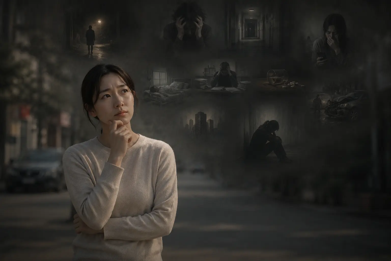 항상 최악의 상황을 먼저 떠올리는 사람을 표현한 심리 이미지