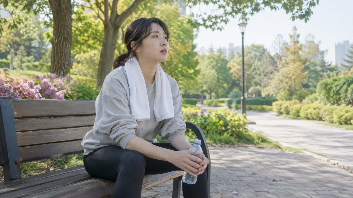 공원 벤치에서 잠시 숨을 고르며 쉬고 있는 사람