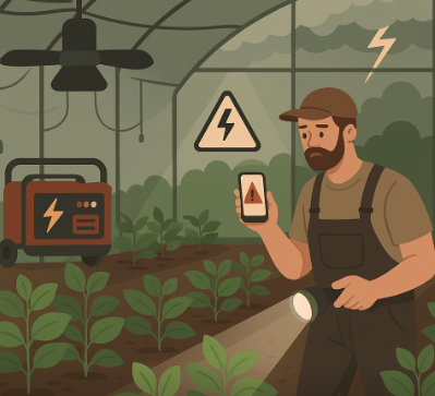 정전된 스마트팜 온실 안에서 농부가 손전등으로 작물을 비추며 비상 발전기와 스마트폰 경고를 확인하는 장면