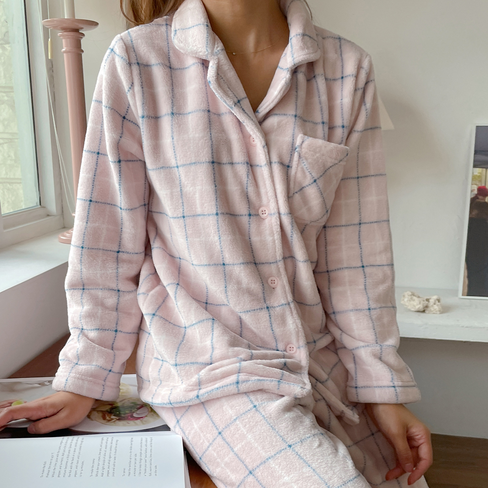 파스텔 체크 커플잠옷 빅사이즈 파자마 겨울잠옷 극세사 수면잠옷