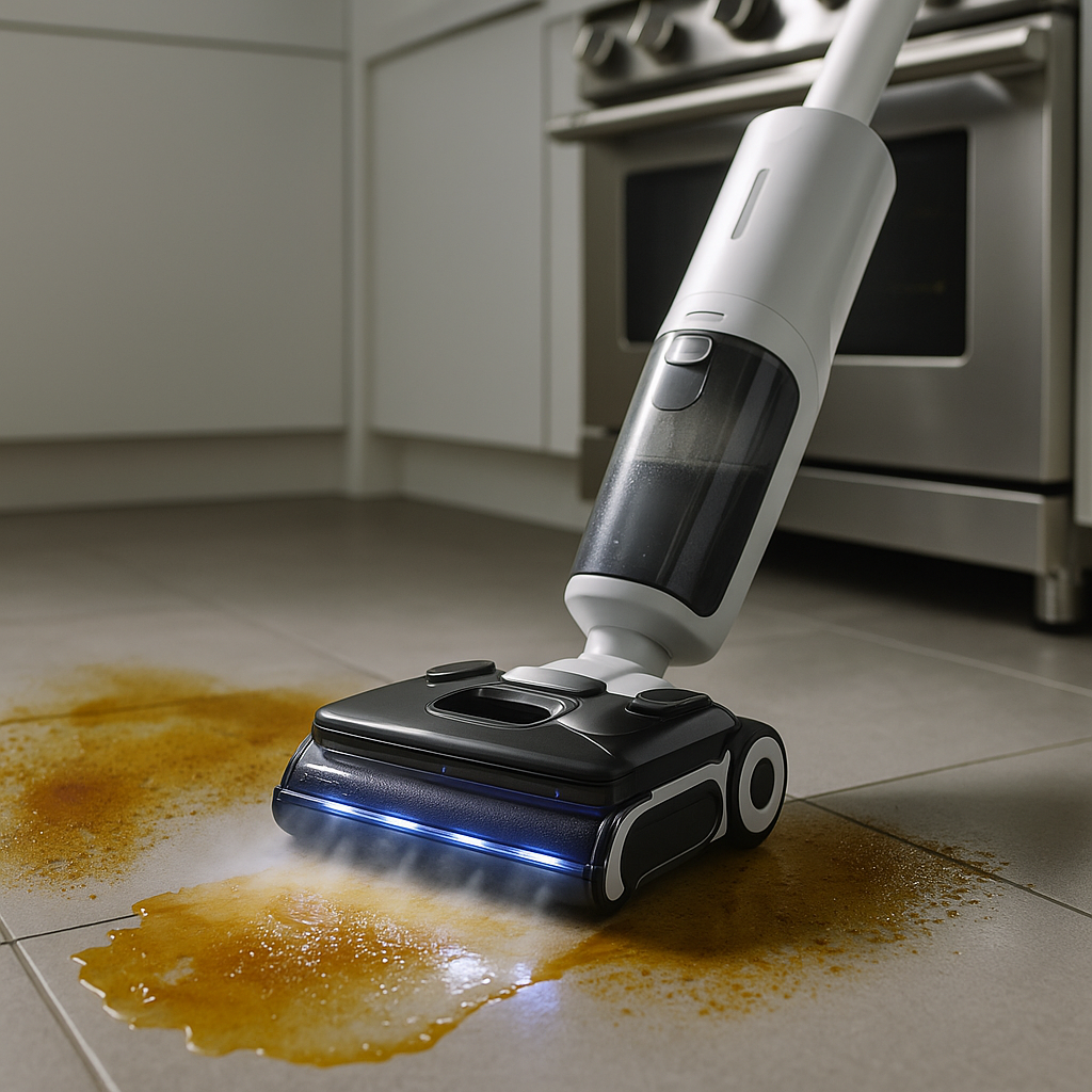 로보락 F25 울트라가 주방 타일 위에 흘린 소스를 스팀 모드로 청소하는 장면