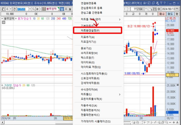 영웅문 차트환경설정 클릭