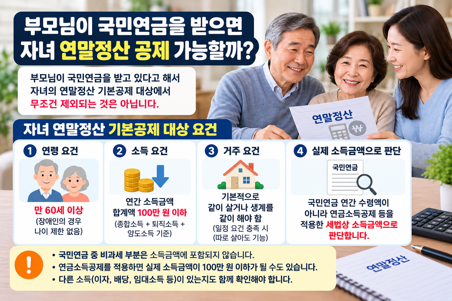 부모님 국민연금 수령 시 자녀 연말정산 인적공제 조건, 만 60세 이상과 연간 소득금액 100만 원 이하 기준