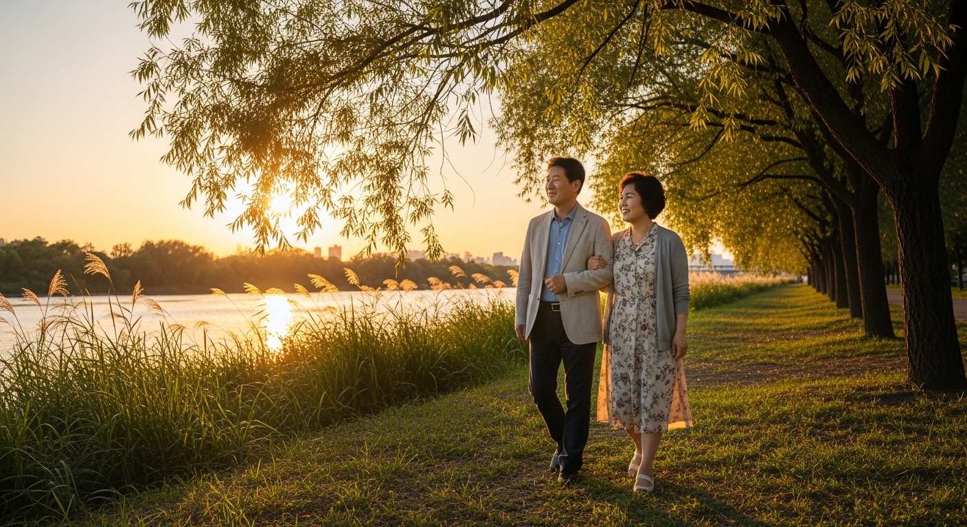 해질녘 강변을 산책하는 50대 한국인 부부