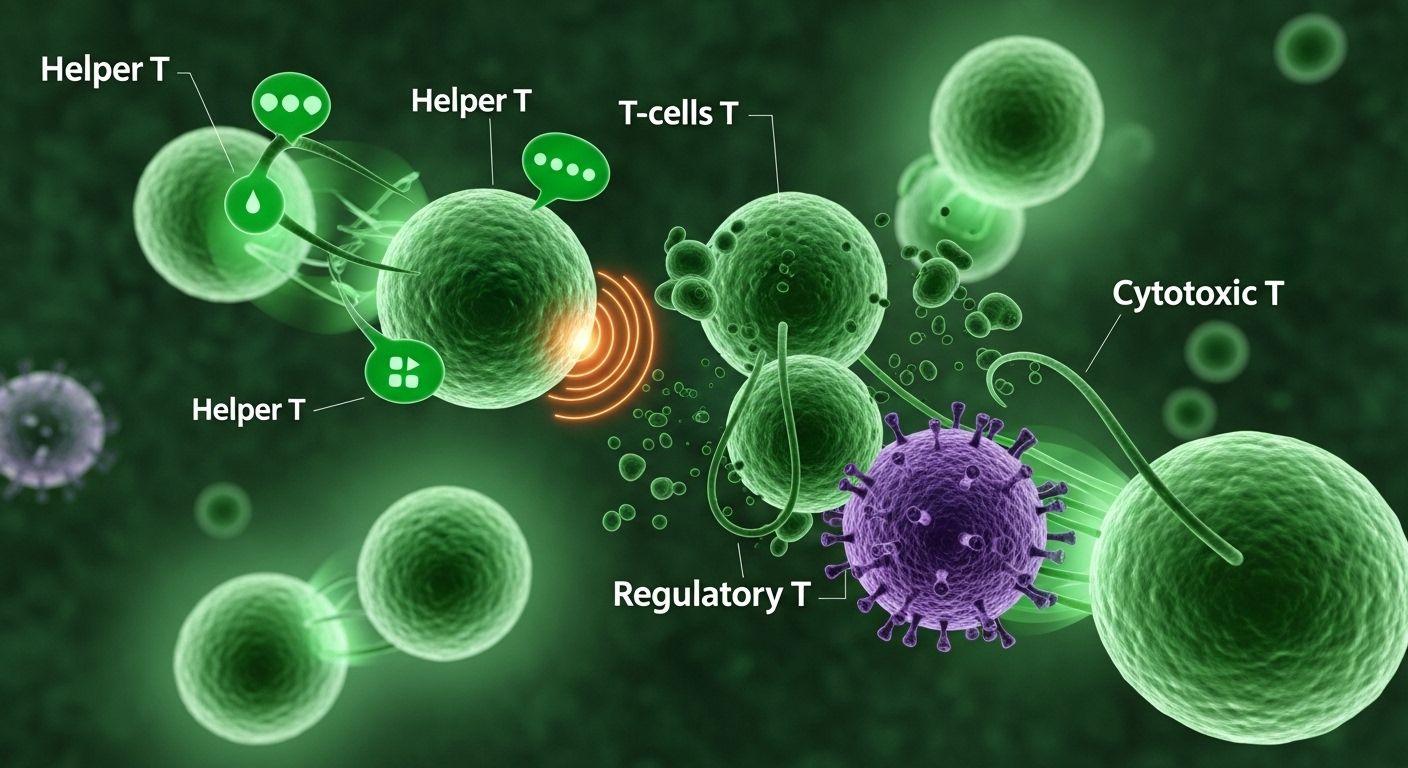 도움 T세포, 세포독성 T세포, 조절 T세포 등 다양한 T세포가 협력하여 면역 반응을 조절하는 모습