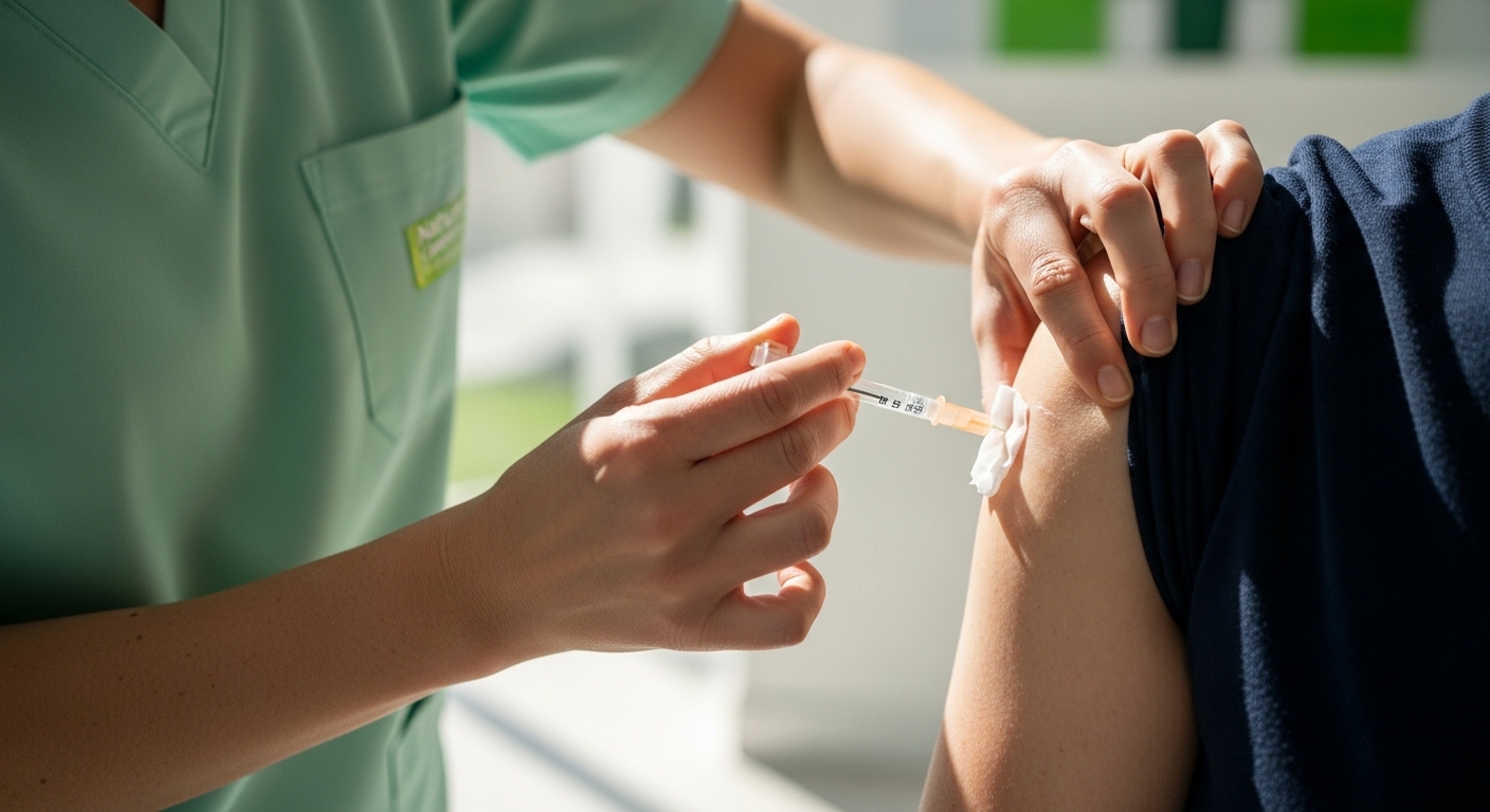 의료진이 팔에 독감 백신을 접종하는 모습