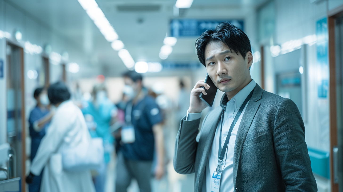 병원 복도에서 걱정스러운 표정으로 전화를 받고 있는 직장인