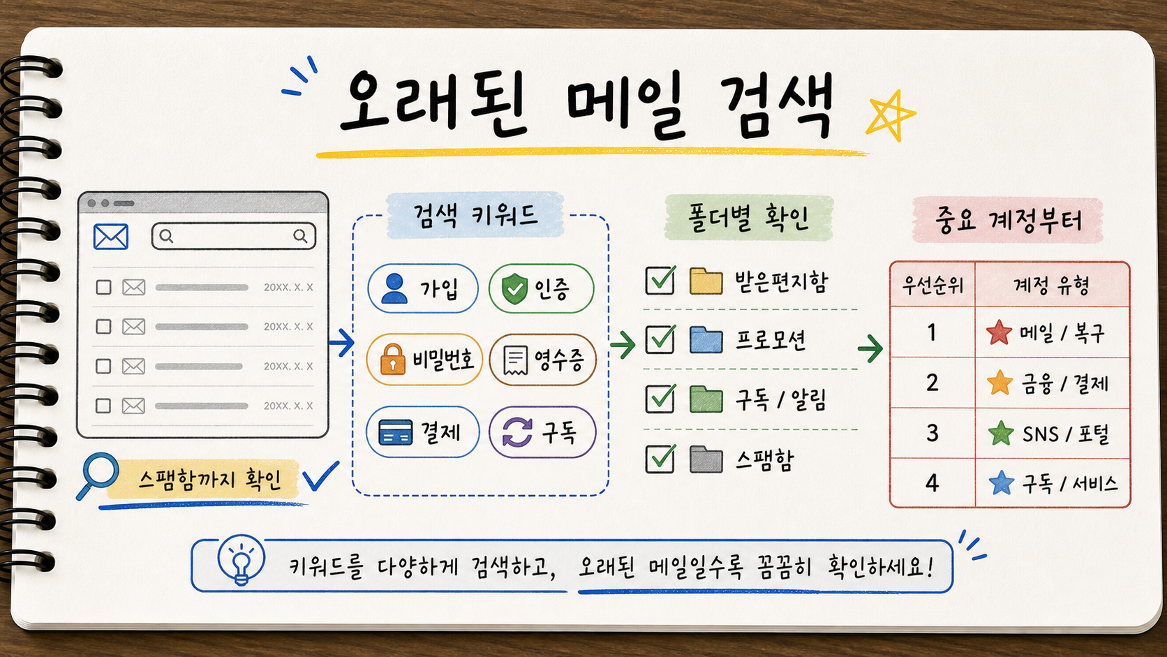 오래된 메일함에서 가입 인증 비밀번호 영수증 결제 구독 단어를 검색하고 스팸함까지 확인하는 손글씨 카드