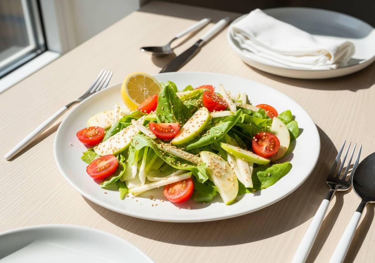 방울토마토와 사과, 레몬드레싱이 곁들여진 치커리 샐러드, 쓴맛을 줄인 건강식단