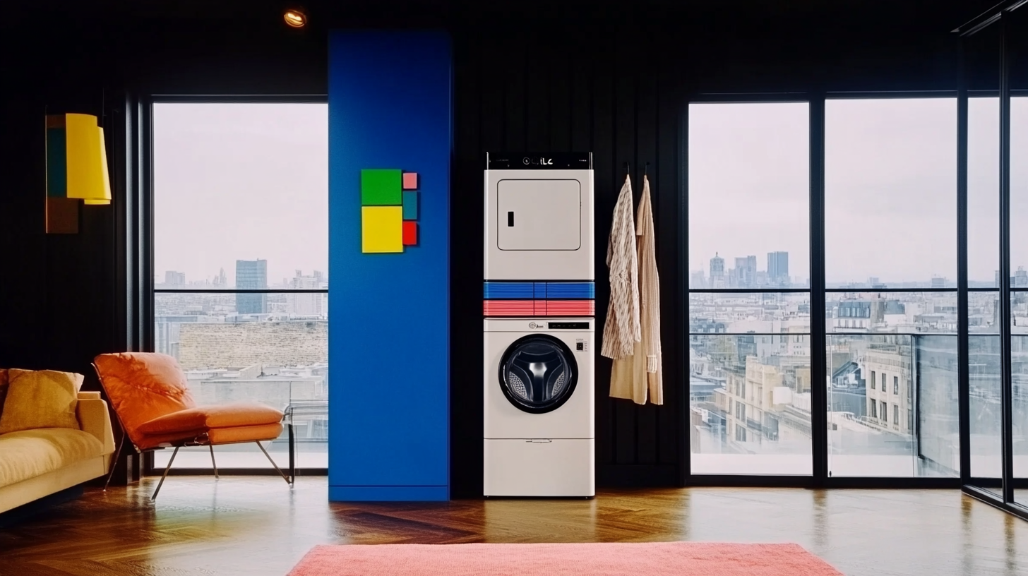 현대 도시 아파트에서 공간 절약과 에너지 효율성을 동시에 제공하는 듀얼 세탁 및 건조 기능을 갖춘 LG 오브제컬렉션 워시타워의 컨셉 아트