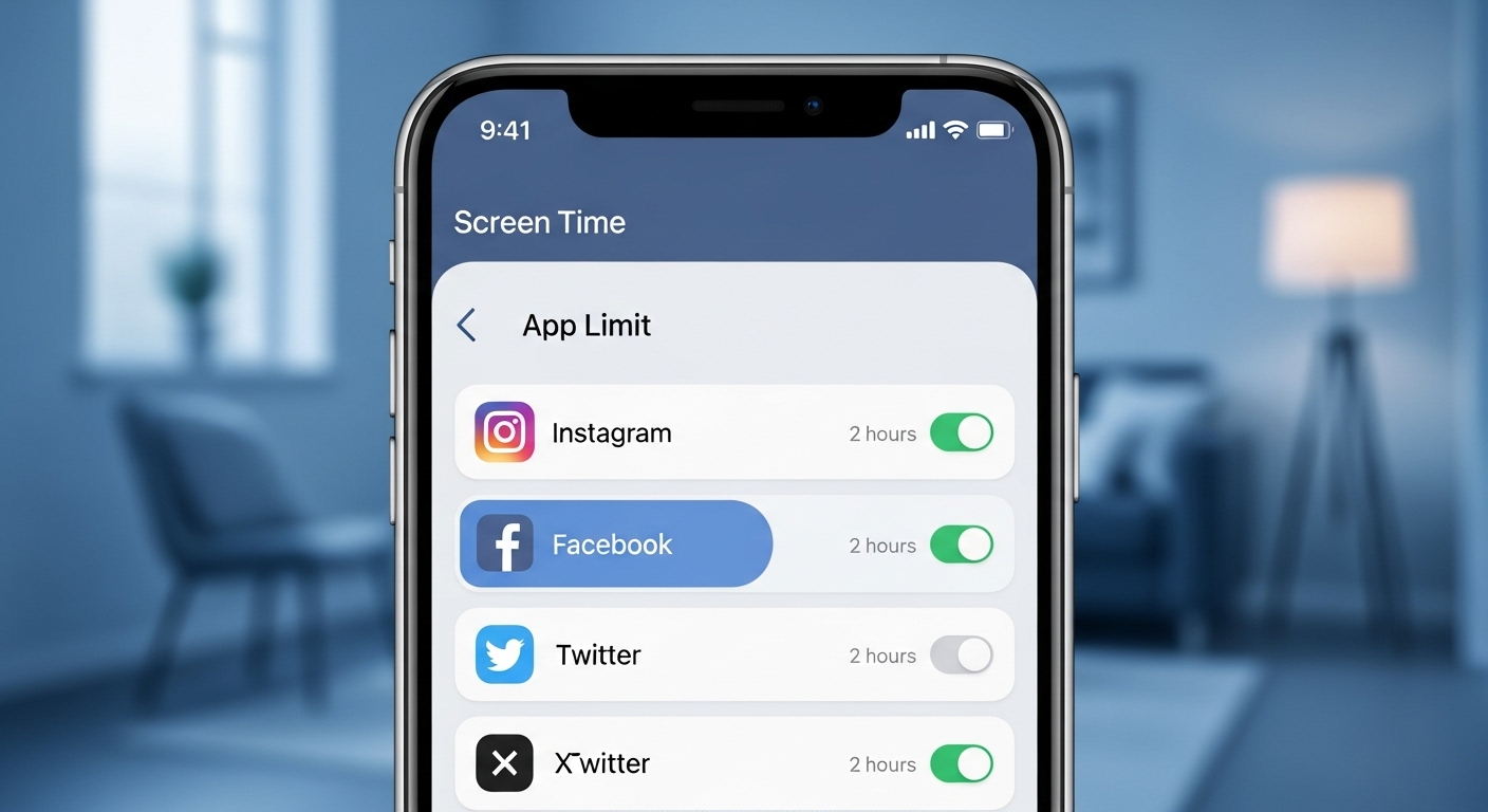 스마트폰 스크린 타임 설정 화면에서 SNS 앱 사용 시간을 2시간으로 제한하는 모습
