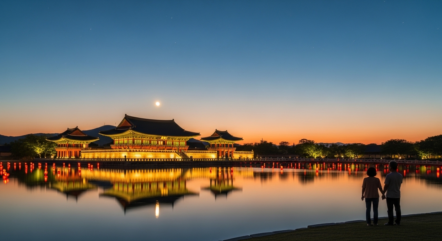 경상북도 경주의 동궁과 월지(안압지) 야경. 화려하게 조명된 전각들이 연못에 비쳐 아름다운 밤 풍경을 연출한다.