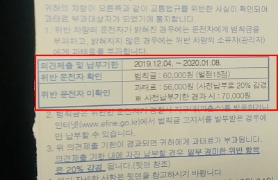 위반사실 통지 및 과태료부과 통지서