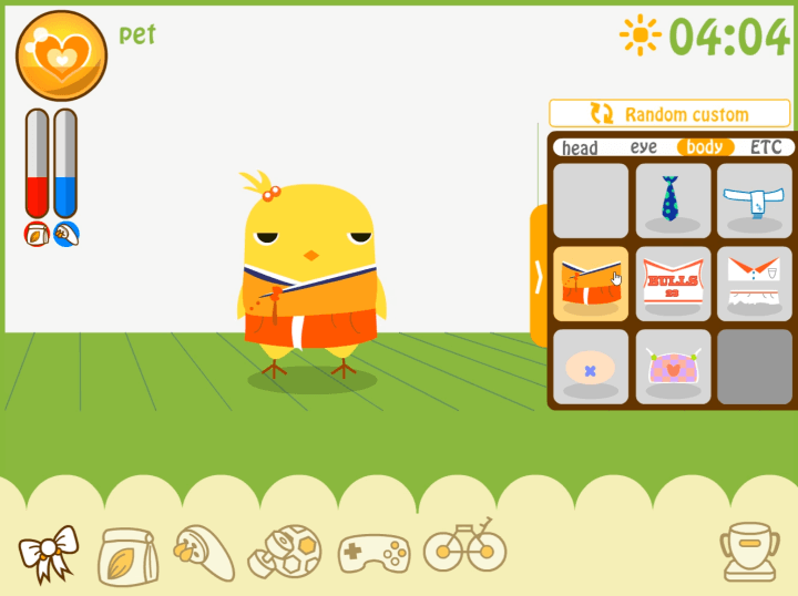 다양한-의상중-하나를-선택하여-병아리에게-입혀주는-화면